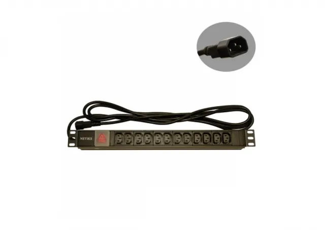 230V razvodni PDU panel 19"/1U sa 12 x C13 utičnih mesta, prekidačem, metalnim kućištem i kablom 1.8m sa C14 utikačem (PDU-12C13-1U-C14)