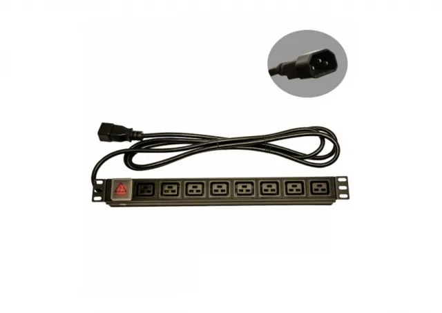 230V razvodni PDU panel 19"/1U sa 8 x C19 utičnih mesta, prekidačem, metalnim kućištem i 3 x 2.5mm² kablom 1.8m sa C20 utikačem (PDU-8C19-1U-C20)
