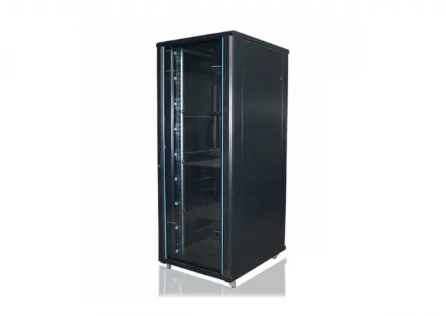 27U/19" rek orman stojeći Netiks A26027 (ŠxDxV) 600x1000x1400mm staklena prednja vrata sa bravom, sertifikovan za nosivost 1000kg, točkići i nožice sa nivelacijom, prednje i zadnje šine 19" sa brojevima unita