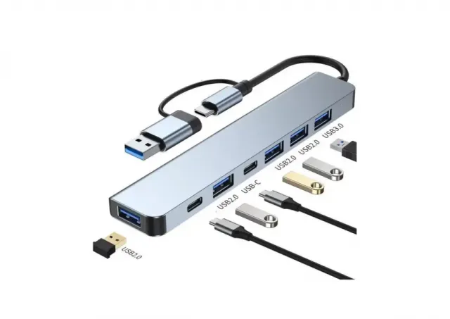 Adapter 8 u 2 E-Green  USB 3.0/USB 3.1 tip C- USB 3.0 + 3 x USB 2.0 + 3.5mm audio + SD/TF + 1 x tip