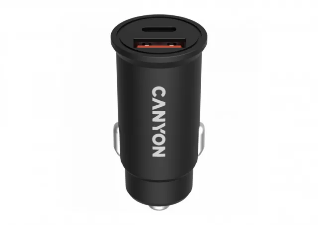 CANYON С-20B03, PD 30W/QC3.0 18W Pocket size car charger with 1-USB A+ 1-USB-C Input: DC12V-24V, Output: USBC: PD30W( 5V3A/9V3A/12V2.5A/15V2A/20V1.5A),USB-A:QC3.0 18W (5V3A