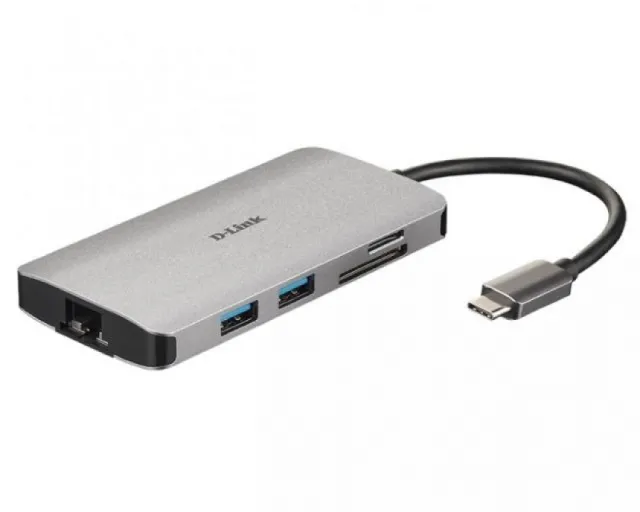 D-Link DUB-M810 8-in-1 multi-port uređaj, USB-C na Gigabit Ethernet adapter & 3-portni USB 3.0 hub (1 x BC1.2 brzi punjač), 1 x HDMI 4K, dual-slot SD/microSD Card Reader, 1 x USB-C datasync port i 100W punjač, AL kućišt