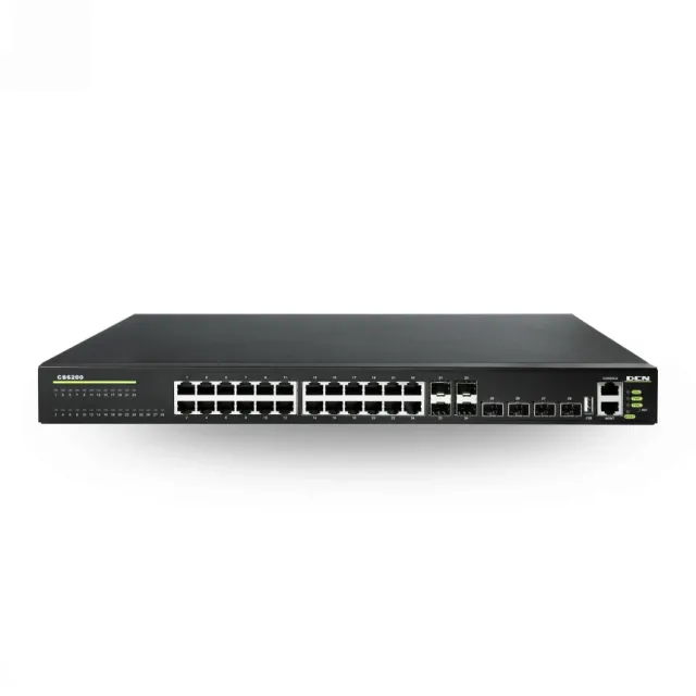 DCN L3 Aggregation svič CS6200-28X-EI 24 x Gigabit (20xUTP+4xCombo SFP/UTP) + 4 x 10GBase-X (SFP+), RIP v2/RIPng/OSPF v3/BGP4+, PIM rutiranje 4000 multicast grupa, VRRP/MRPP, Virtual Switch Framework, 1+1 Redundant PSU