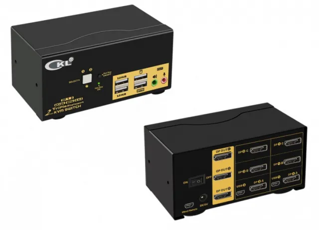 DP KVM USB svič CKL-623DP 2-portni DisplayPort sa kablovima, Triple Monitor, 4K x 2K @60Hz 4:4:4, izlaz za audio i mikrofon, 2 x USB2.0 hub, svič mode: hotkey, mouse, wired remote, push button, auto scan