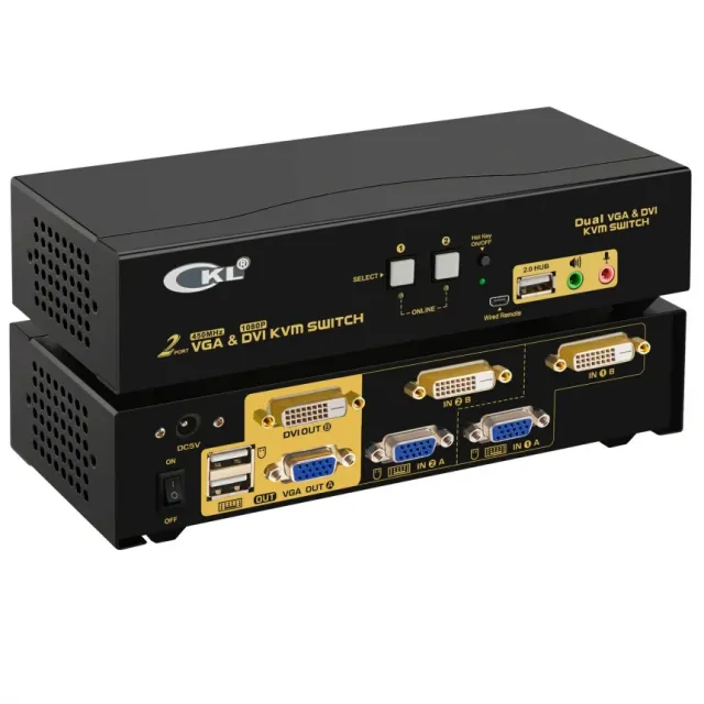 DVI + VGA KVM USB svič CKL-822UD 2-portni sa VGA kablovima, Dual Monitor, do 1080P (DVI) i 2048*1536@450MHz (VGA), auto EDID, izlaz za audio i mikrofon, extra USB 2.0 port, svič mode: hotkey, mouse, push button,auto scan