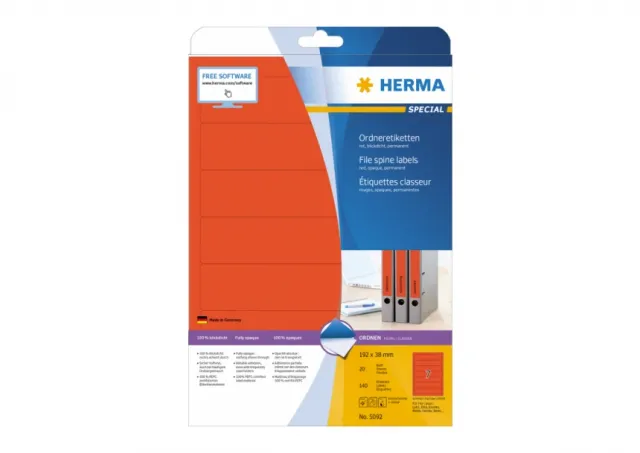 Etikete 192x38, za uski registrator A4/7 1/20 crve Herma  02H5092