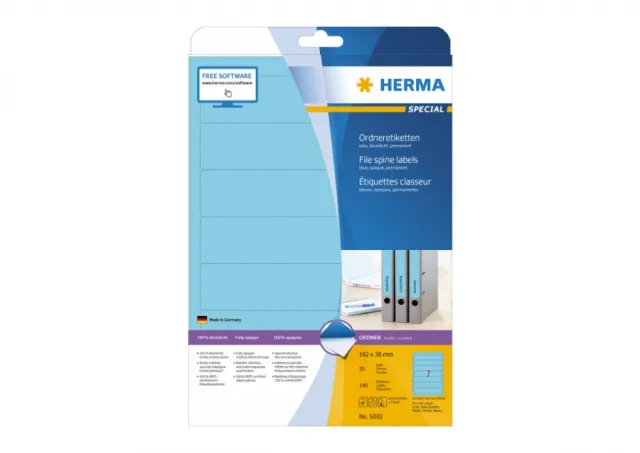 Etikete 192x38, za uski registrator A4/7 1/20 plav Herma  02H5093
