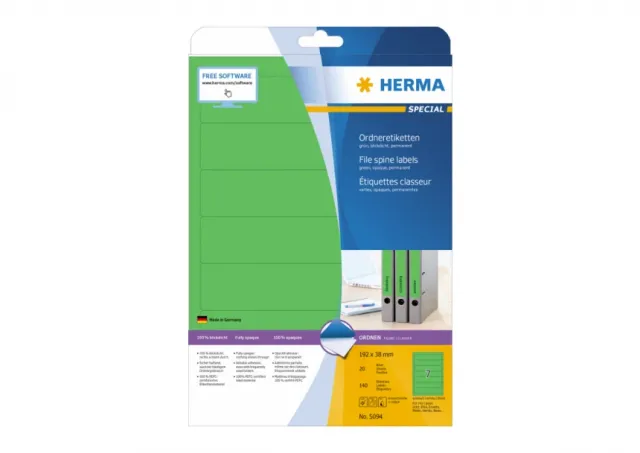 Etikete 192x38, za uski registrator A4/7 1/20 zele Herma  02H5094
