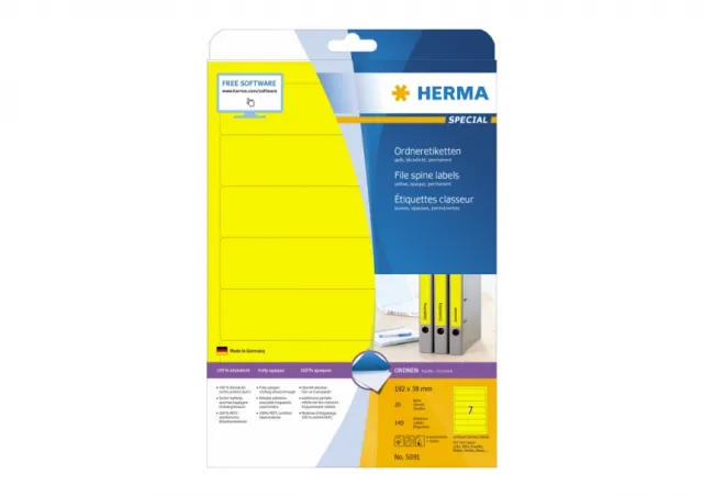 Etikete 192x38, za uski registrator A4/7 1/20 žuta Herma  02H5091