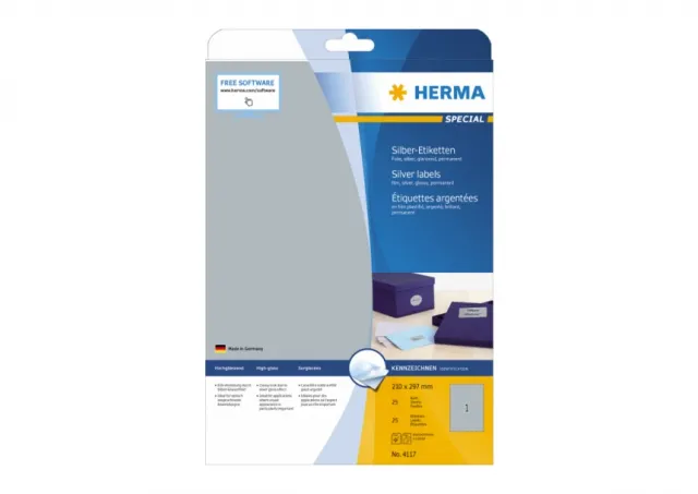 Etikete 210x297 A4/1 1/25 srebrna Herma 