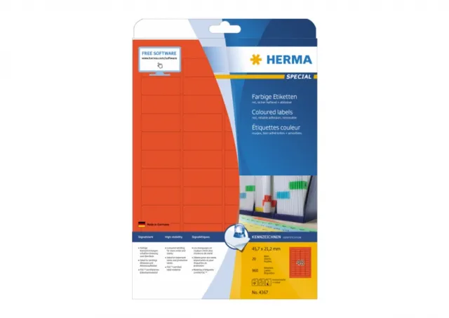 Etikete 45,7X21,2 zaobljene ivice A4/48 1/20 crvena Herma 