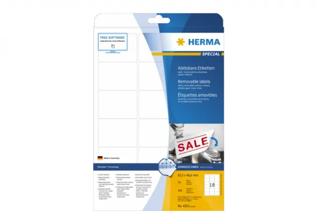 Etikete 63X46,6 A4/18 1/25 removable Herma 