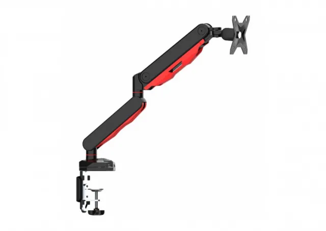 Gaming desk mount for single monitor with height adjustable gas spring. Deskmount with clamp or grommet. Monitor up to 9kg, VESA 75x75 or 100x100mmUSB ports (1x power only, 1x loop through USB) Red light effect in base