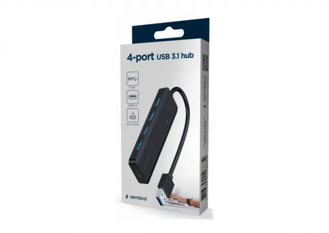 Gembird UHB-U3P4P-02 4-port USB 3.1 (Gen.1) Hub w/Type-C Power Input Port, Black