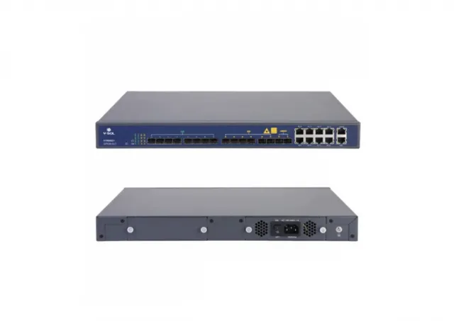 GPON OLT V-Solution V1600G1 sa ugrađenih 8 × GPON SC/UPC SFP class C++ / downstream 2.48Gb/s do 20/40km, 8×GE + 6×SFP + 2×10GE SFP+, do 1024 ONT uređaja (1:128), RIP, OSPF, VLAN, SNMP/Telnet/CLI/EMS APP managed, 19"/1U