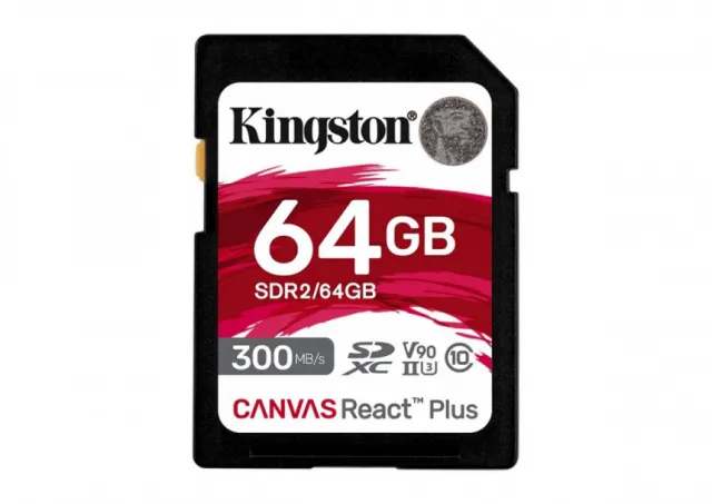 Kingston 64GB SDXC, Canvas React Plus, Professional, Class 10 UHS-II U3 V90, Up to 300MB/s read and 260MB/s write, for Full HD/2K/4K/8K