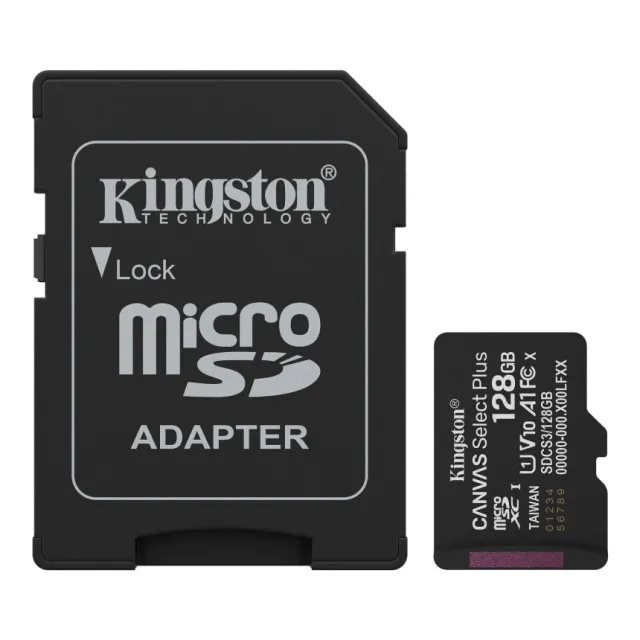 Kingston MicroSD 128GB, Canvas Select Plus, Class 10 UHS-I U1 V10 A1, Read up to 150MB/s, w/SD adapter