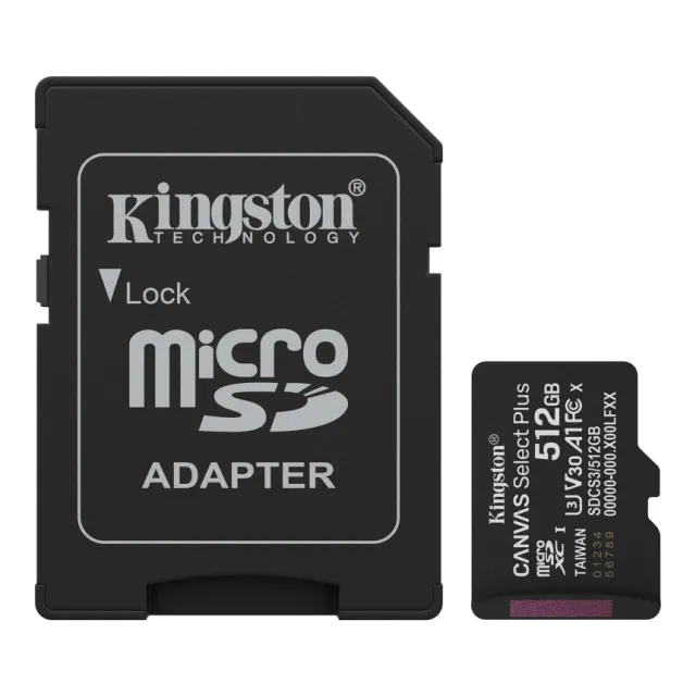 Kingston MicroSD 512GB, Canvas Select Plus, Class 10 UHS-I U3 V30 A1, Read up to 150MB/s, w/SD adapter