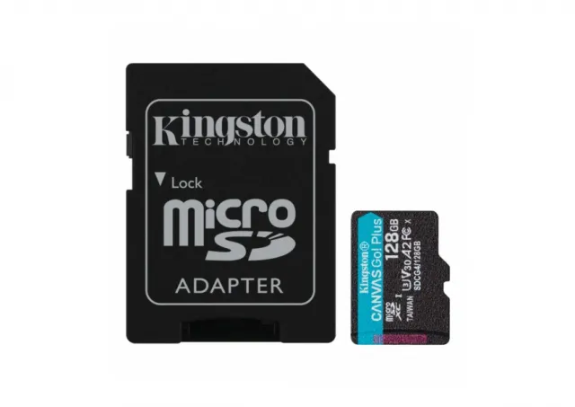 Kingston SDCG4/128GB MicroSD 128GB, Canvas Go! Plus, Class10 UHS-I U3 V30 A2, Read up to 200MB/s, for 4K and FullHD video recording, w/SD adapter