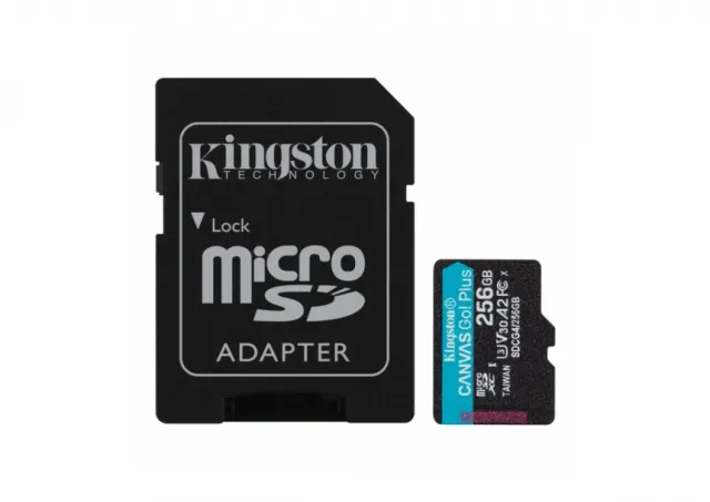 Kingston SDCG4/256GB MicroSD 256GB, Canvas Go! Plus, Class10 UHS-I U3 V30 A2, Read up to 200MB/s, Write up to 160MB/s, for 4K and FullHD video recording, w/SD adapter