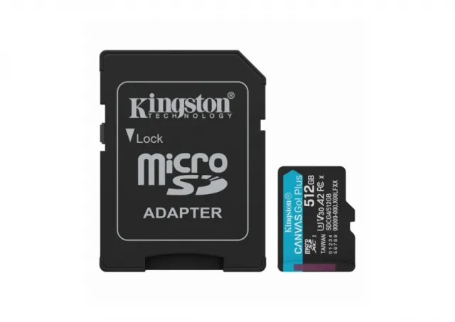 Kingston SDCG4/512GB MicroSD 512GB, Canvas Go! Plus, Class10 UHS-I U3 V30 A2, Read up to 200MB/s, Write up to 160MB/s, for 4K and FullHD video recording, w/SD adapter