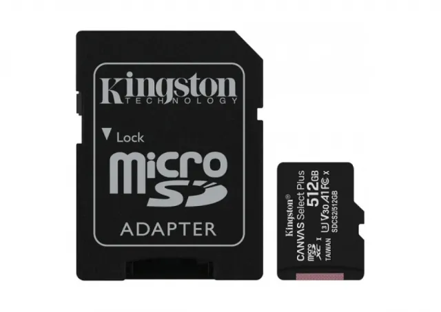 Kingston SDCS2/512GB MicroSD 512GB, Canvas Select Plus, Class 10 UHS-I U3 V30 A1, Read up to 100MB/s, Write up to 85MB/s, w/SD adapter