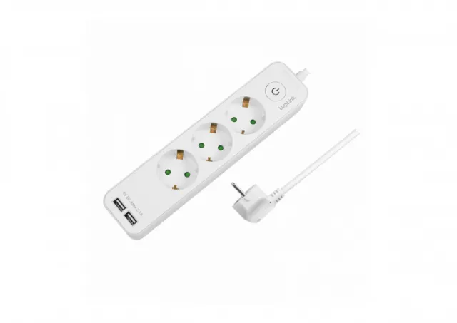 Logilink produžni kabl 3 mesta, 2 USB, prekidač, 1.5m, beli