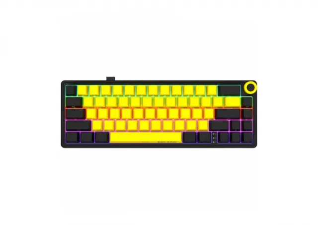 Lorgar Wireless mechanical gaming keyboard Pro, 2.4 GHz, BT, RGB Backlight, 16 modes, 66 keys, 50M presses, linear Lorgar Toxic Purple switches, multimedia knob, built-in 3750 mAh battery, Hot Swap, Gasket mount, spring cable 2.3m, black yellow