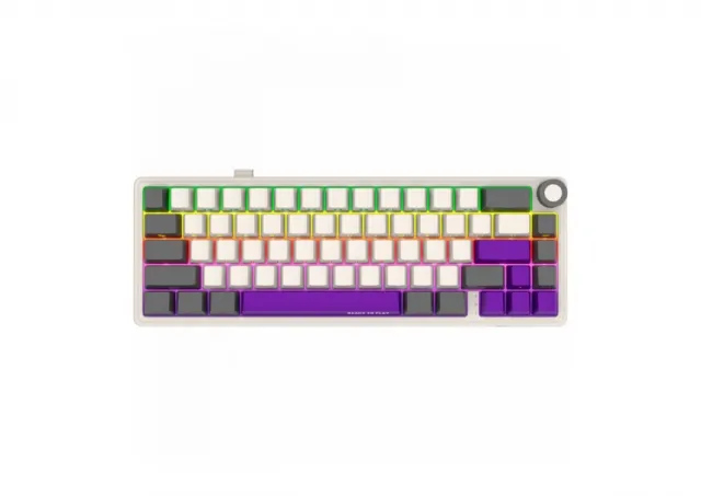 Lorgar Wireless mechanical gaming keyboard Pro, 2.4 GHz, BT, RGB Backlight, 16 modes, 66 keys, 50M presses, linear Lorgar Toxic Purple switches, multimedia knob, built-in 3750 mAh battery, Hot Swap, Gasket mount, spring cable 2.3m, beige grey purple