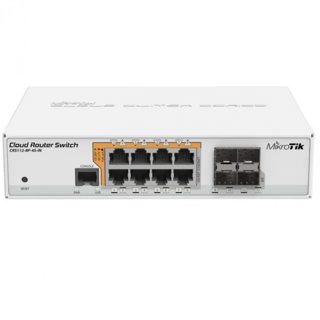 MikroTik CRS112-8P-4S-IN L3 upravljiv cloud PoE+ svič 12 x GbE (8 RJ45 10/100/1000Mb/s PoE 802.3af/at / Passive 24V + 4 giga SFP), RAM 128MB, dual DC napajanje / 95W u pakovanju, MTBF 22.8god, temp -20°÷60°C, RouterOS L5