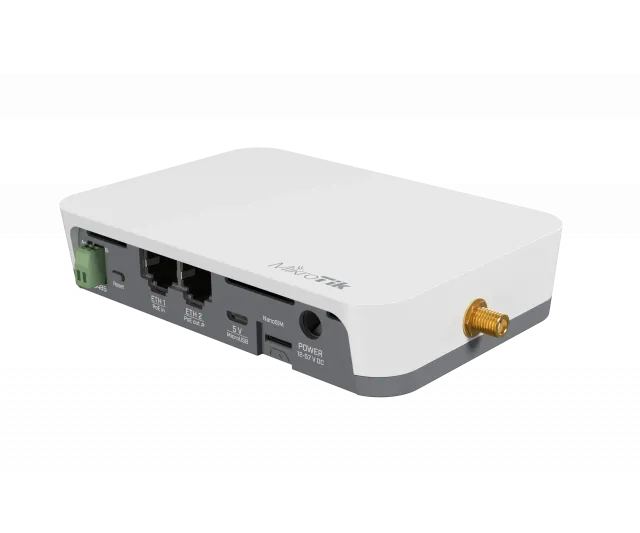 MikroTik KNOT LR8 kit IoT univerzalni WiFi Gateway 300Mb/s 2.4GHz, Narrow Band & CAT-M (Nano SIM), LoRa®, 2 x LAN, Modbus/TCP konverter, Bluetooth, PoE in / PoE out, MicroUSB, montaža na DIN šinu, temp -40°C÷70°C, ROS L4