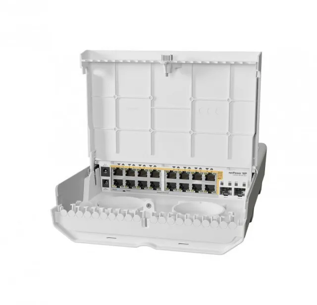 MikroTik netPower 16P outdoor PoE svič 16 x Gigabit LAN 802.3af/at + 2 x SFP+ slota, CPU 800MHz, 256MB RAM, VPN ruter/ firewall/ bandwith manager, dualBoot SwitchOS / RouterOS L5 (bez adaptera za napajanje!)