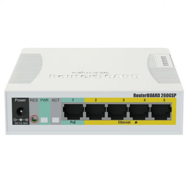 MikroTik RB260GSP / CSS106-1G-4P-1S PoE upravljiv svič sa 5 x Gigabit 10/100/1000Mb/s port (4 Passive PoE, 53W) + SFP slot, MAC filter, VLANs, bandwidth limit, mirroring, web managed, temp. -20°C÷70°C, PoE in 8-30V, SwOS