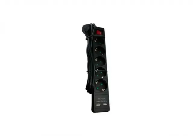 Naponski produžni Kabl E-Green 5 x šuko + 2xUSB sa prekidacem i zaštitom, 2m, crni