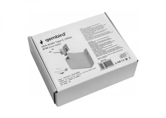 NPA-AC8D Gembird laptop 67W, kabl 2m USB-C to USB-C, 5V/3A,9V/3A,12V/3A,15V/3A,20V/3.35A
