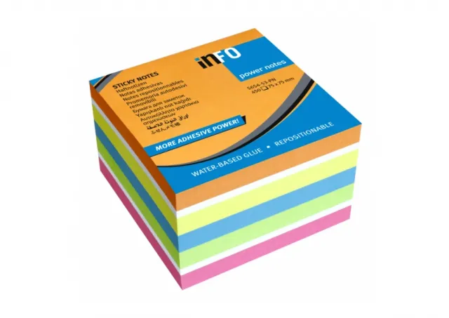 Power Notes 75x75 brilliant mix, sa posebno jakim lepkom, KOCKA 450 listova  Info Notes  06PSX17