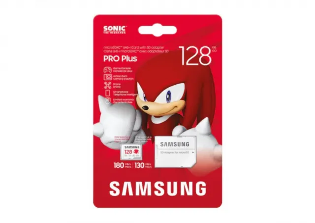 Samsung MB-MD128SA/LC1 MicroSD 128GB, PRO Plus Sonic the Hedgehog, SDXC, UHS-I U3 V30 A2, Read up to 180MB/s, Write up to 130 MB/s, for 4K and FullHD video recording, w/SD adapter