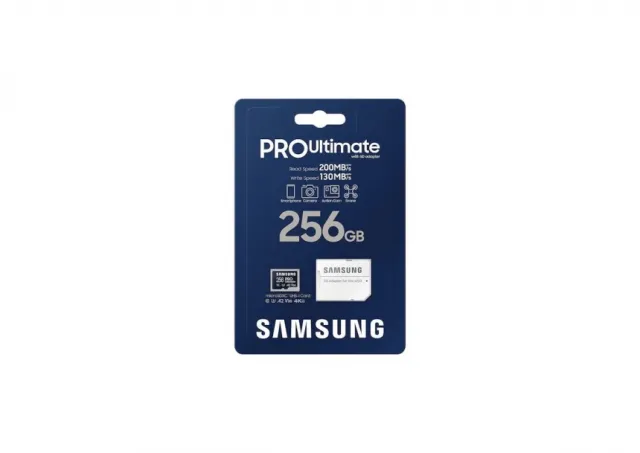 Samsung MicroSD 256GB, PRO Ultimate, SDXC, UHS-I U3 V30 A2, Read up to 200MB/s, Write up to 130 MB/s, for 4K and FullHD video recording, w/SD adapter
