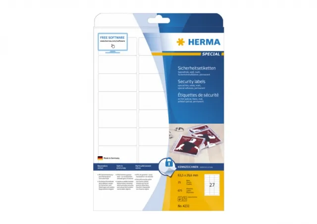 Sigurnosne etikete  63x29 A4/27 1/25 bela Herma 