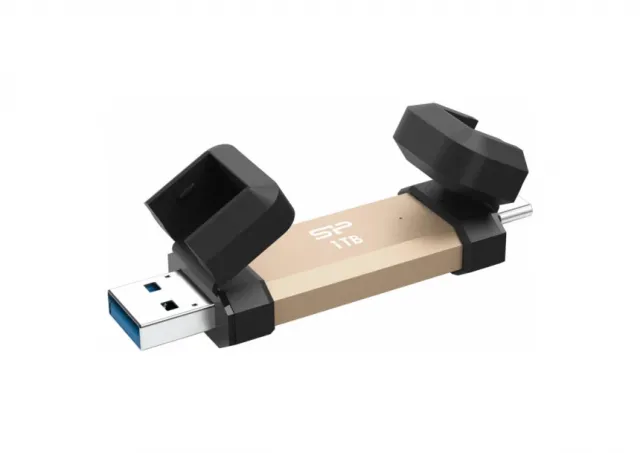 Silicon Power SP001TBUC3S72VPG Portable Stick-Type SSD 1TB, DS72, USB 3.2 Gen 2 Type-C/Type-A, Read up to 1050MB/s, Write up to 850MB/s, Gold