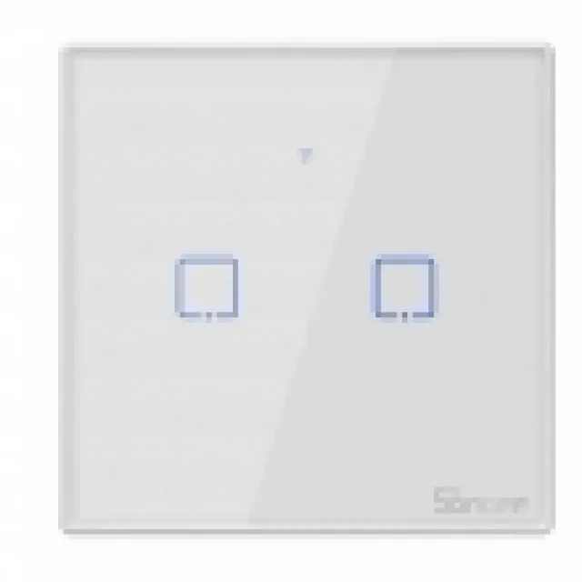 SONOFF T2-TX smart-home dvostruki zidni prekidač, belo staklo sa LED indikacijom, 86x86mm, RF 433MHz & WiFi 2.4GHz kontrola, timer i smart scenarija, besplatna eWeLink app, Amazon Alexa / Google Assistant & Nest / IFTTT