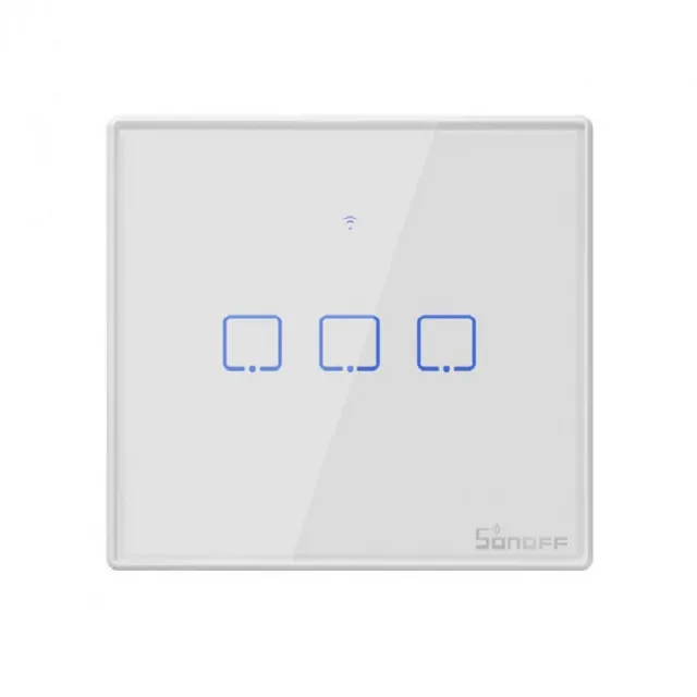 SONOFF T2-TX smart-home trostruki zidni prekidač, belo staklo sa LED indikacijom, 86x86mm, RF 433MHz & WiFi 2.4GHz kontrola, timer i smart scenarija, besplatna eWeLink app, Amazon Alexa / Google Assistant & Nest / IFTTT
