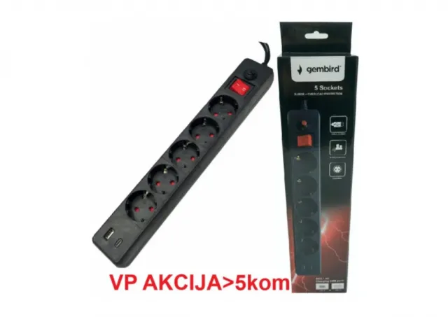 SPG5-B-6(3G1.5)**Gembird produzni kabl sa zastitom 5 uticnica, 5V/3.1A USB-A+C 16A/3500W 1.8m  Black