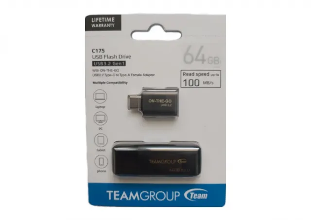TeamGroup TC175364GB26 64GB C175 USB 3.2 BLACK with Type C adapter