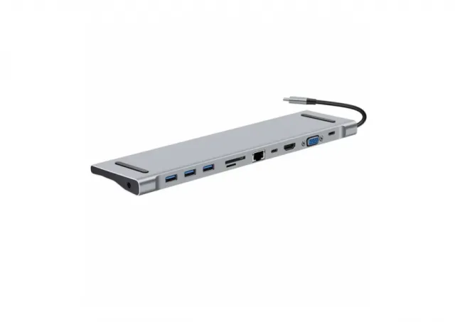 Tip C HUB Kettz KT-1101G 111 4K HDMI VGA USB*3 SDTF USB-CPD AUX LAN