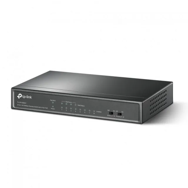 TP-Link TL-SF1008LP PoE svič 8-port 10/100Mb/s, 4 PoE porta 802.3af do 41W (15.4 W po portu), PoE Port Priority Function - Overload Arrangement, 802.3x flow control, extend mode do 250m