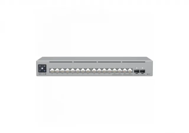 Ubiquiti 16-port, Layer 3 Etherlighting switch with 2.5 GbE, PoE++ output, and versatile mounting options, 4x 2.5 GbE PoE++ ports, 12x GbE PoE+ ports, 2x 10G SFP+ ports, 180W total PoE availability