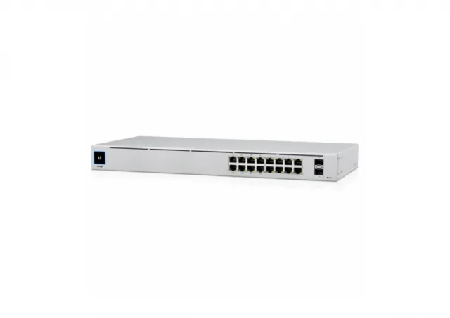 Ubiquiti USW-16-PoE 16-port Layer 2 PoE switch, 8 x GbE PoE+, 8 x GbE ports, 2 x 1G SFP ports, 42W total PoE Power, fanless, silent cooling, ESD/EMP protection, 1.3" touchscreen LCM display, Rackmount (Kit included)