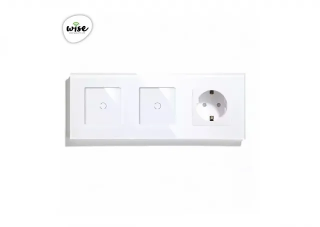 Wise Modularni prekidači i utičnice – 2 tastera, 1 utičnica – stakleni panel beli