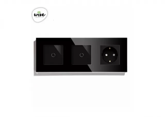 Wise Modularni prekidači i utičnice – 2 tastera, 1 utičnica - stakleni panel crni